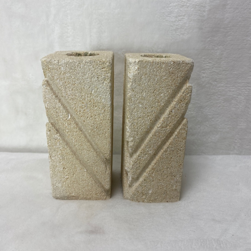 Set of 2 Off White Textured Stone Square‎ Candlestick Holders Art Deco